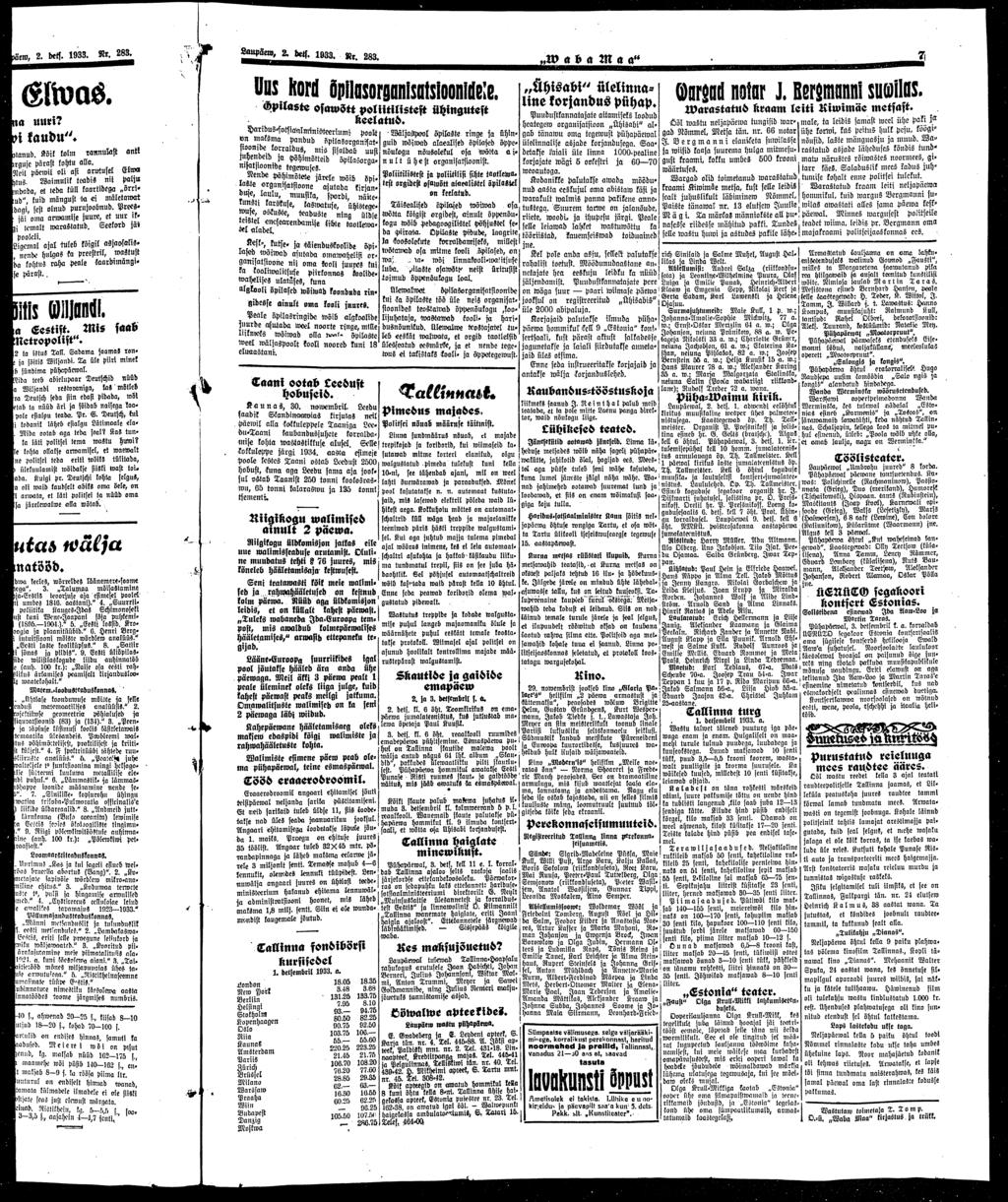 õeni, 2. Mf. 1933. Nr. 288. id uuri?»i kaudu". jtrniub. Sföit toim rannulost anti Jirgujc pärast fofjtu flftc. 91cil päcivil oli asi aruiusel Elwa Htus.