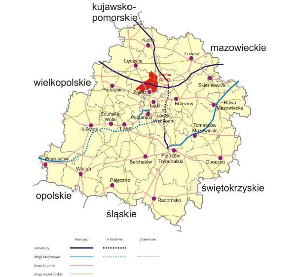 Rysunek 4. Gmina Zgierz na tle sieci najważniejszych dróg w województwie łódzkim. (Źródło: Strategia Rozwoju Gminy Zgierz na lata 20