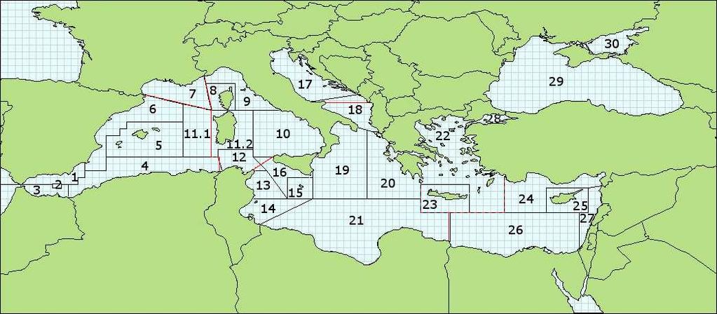 B) Mapa podobszarów geograficznych GFCM GSA (GFCM, 2009) Statystyczne regiony FAO (czerwony) GFCM GSA (czarny) 01 północne Morze 19 zachodnie Morze 07 Zatoka Lwia 13 Zatoka Al-Hammamat Alborańskie