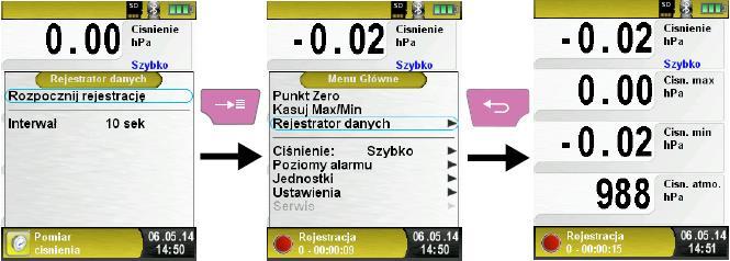 Wartości zarejestrowane zapisane będą na karcie MicroSD, w folderze LOGGER/Date. Nazwą pliku będzie czas rozpoczęcia pomiaru. Ustawienie interwału w podmenu Rejestrator danych.