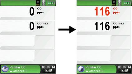 Jeżeli zmierzona wartość przekracza pierwszy próg alarmowy CO, urządzenie