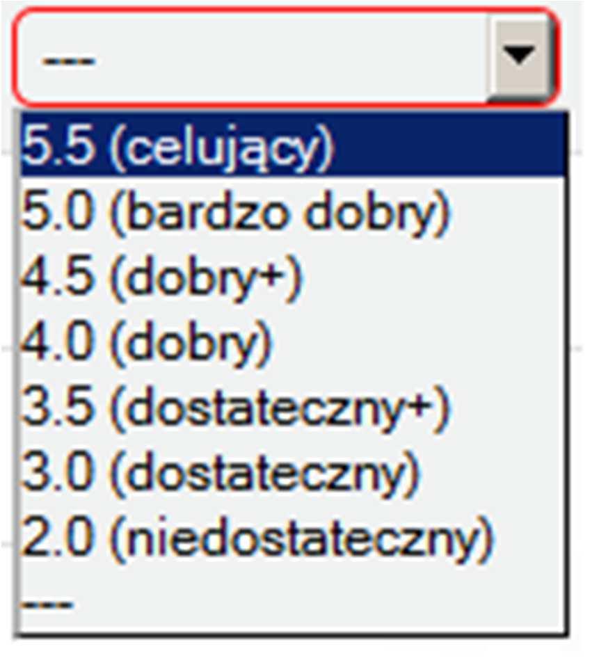 1) Wybierając ocenę z listy, 2) Wybierając ocenę przy użyciu klawiszy