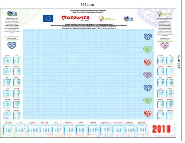 Kalendarz nastolny na 2018 rok; 52 karty zrywane; format kartki 56,5 x 41,5 cm Na stronie: pole na notatki, skrócone kalendarium roczne 2017 oraz 2019 (małe), rozbudowane kalendarium na 2018 (duże) z