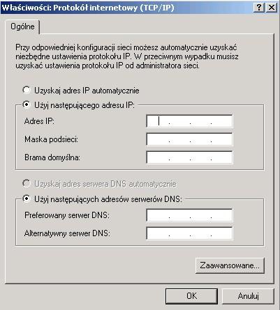 IP, następnie wpisz Adres IP: 192.168.1.10 oraz Maske podsieci 255.