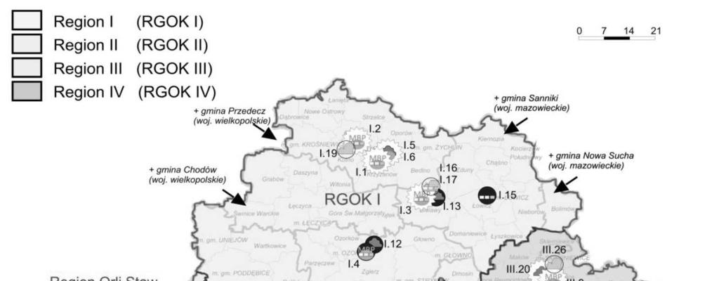 Mapa 2. Regiony gospodarki odpadami komunalnymi oraz lokalizacje istniejących i planowanych instalacji w woj.