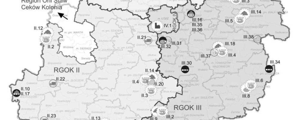 przedstawione zostały parametry istniejących i planowanych RIPOK z podziałem na RGOK w woj. łódzkim.