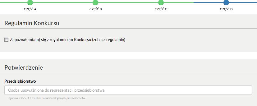 Część D wniosku - Zapoznanie się z regulaminem Konkursu i potwierdzenie przesłania wniosku Przedsiębiorca (osoby wskazane do reprezentowania firmy):