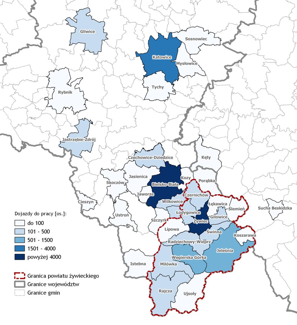 Poniższa mapa pokazuje, gdzie najczęściej dojeżdżają do pracy mieszkańcy powiatu żywieckiego. Mapa 5.
