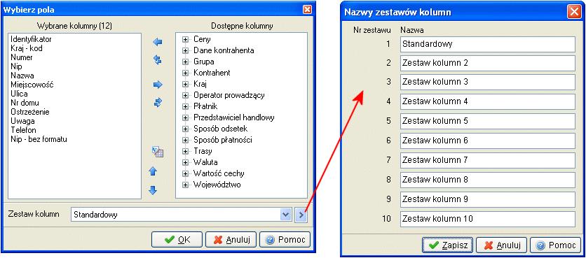 z powrotem do kolumn dostępnych. Dodatkowo użytkownik może zobaczyć ilość kolumn wybranych (w wyświetlanym przypadku jest ich 12).