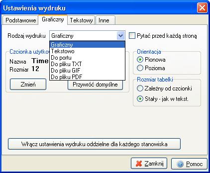 3. Tekstowy ustawienia dotyczą rodzaju wydruku, zagęszczenia tekstu, wyglądu tabelki drukowanej na dokumencie (prosta, pojedyncza, podwójna), typu liter (polskie, nie polskie), rodzaju papieru