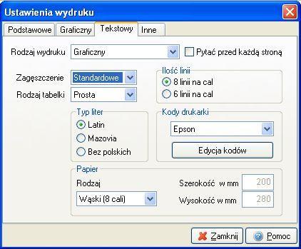 4. Inne ustawienia dotyczą określenia katalogów i nazw plików potrzebnych do wysyłania danych do innych miejsc niż drukarka, a także formatu pliku do wysyłki mailem (TXT,