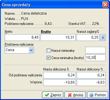 Górna, informacyjna część okna edycyjnego pokazuje między innymi walutę edytowanej ceny oraz ostatnią cenę zakupu. Ostatnia cena zakupu może służyć do wyliczania cen sprzedaży.