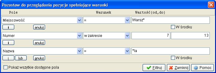 liczbowych, natomiast w przypadku wyrażeń literowych (np. Miejscowość) znak < oznacza wcześniejszy w alfabecie. Warunek w zakresie, pozwala znaleźć przedział danych (np.