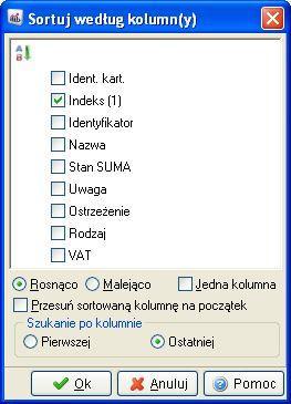 Kolumny do sortowania wybiera się poprzez kliknięcie myszką obok wybranych nazw. Ważna jest tu kolejność zaznaczania.