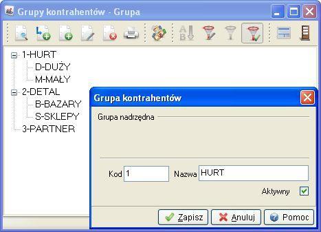 W celu uporządkowania wszystkich kontrahentów, można przypisać ich do odpowiednich grup, które stworzymy przy pomocy opcji menu Słowniki Słowniki dla kontrahentów Grupy kontrahentów.