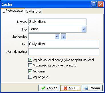 Na zakładce Podstawowe podajemy Nazwę cechy, Typ, Jednostkę, Opis i inne.