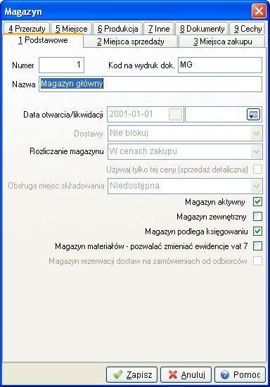 W okno Magazyn wbudowane zostały zakładki, w których należy zdefiniować odpowiednie informacje dotyczące zakładanego magazynu: 1. Podstawowe: Numer numer magazynu w module. Kod na wydruk dok.