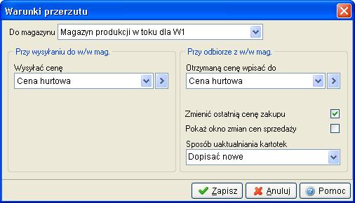 Do magazynu należy podać magazyn, do którego zostanie przerzucona kartoteka. Wysyłać cenę ze słownika Definicje cen za pomocą przycisku wybieramy cenę przy wysyłaniu kartoteki do innego magazynu.