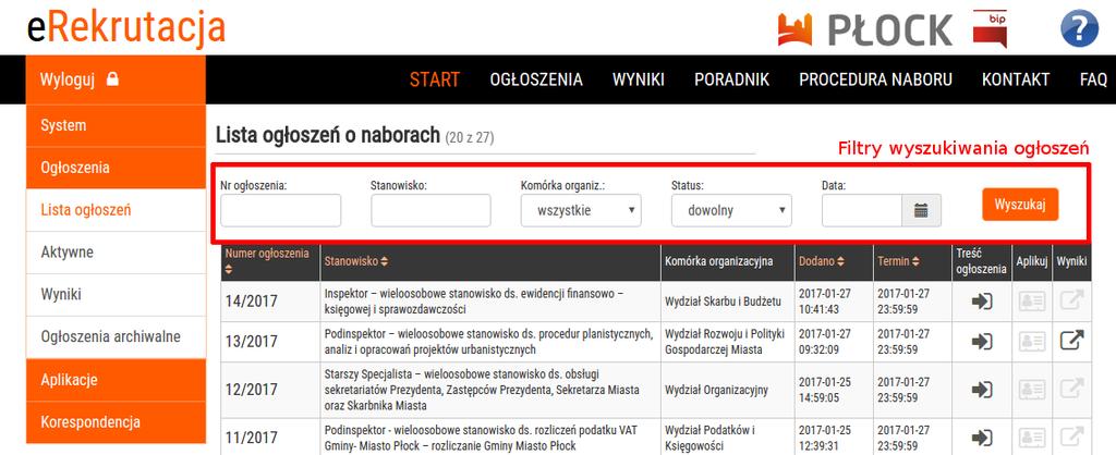 Zalogowani użytkownicy mogą dodatkowo składać aplikacje wyszukiwania ogłoszeń: oraz korzystać z filtrów Jednakże najważniejszą funkcją dla użytkownika jest składanie aplikacji.