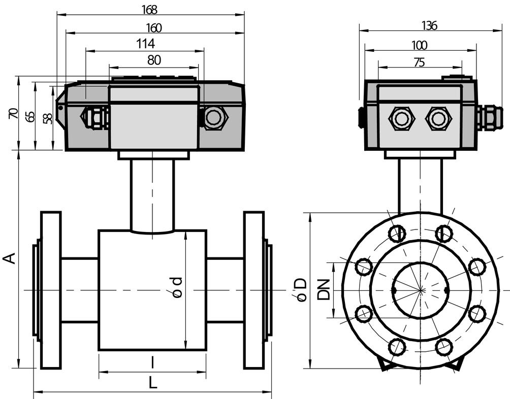 WYMIARY Czujnik z przyłączem kołnierzowym -3000 P PN [bar] D [mm] d [mm] A [mm] [mm] [cale] ISO 13359; EN14154 [mm] Opcjonalnie [mm] I [mm] Waga ** [kg] 15 1/2 16 95 62 164 200 138 66 3,5 20 3/4 16