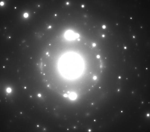 Composite of 66% of amorphous phase and 7475 alloy ( TEM micrograph from interface, ( SADP from upper partially amorphous part (c) SADP from central lower part of 7475 alloy Rys. 8.