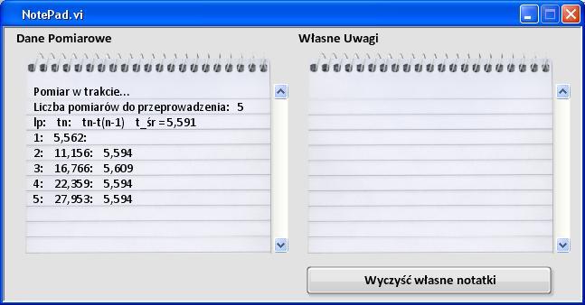 Rys. 12 Widok okna notatnika 4.2. Przygotowanie Aparatury do pomiarów Wykonywanie eksperymentu należy rozpocząć od skompletowania aparatury pomiarowej.