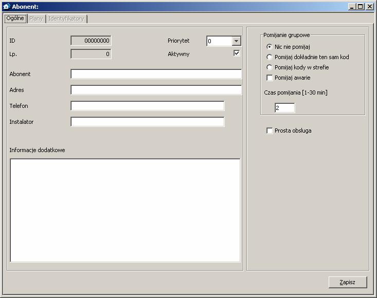 30 STAM-2 SATEL Rys. 23. Okno Abonent przed wprowadzeniem danych. Dostępna jest tylko zakładka Ogólne.