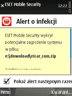 6. Znaleziono zagrożenie W razie wykrycia zagrożenia program ESET Mobile Security wyświetla monit o wykonanie czynności.