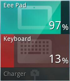 Zarządzanie zasilaniem Bateria ASUS Ten widżet pokazuje stan indywidualnej baterii tabletu ASUS Transformer Pad i stacji dokującej, procentowo i według koloru.