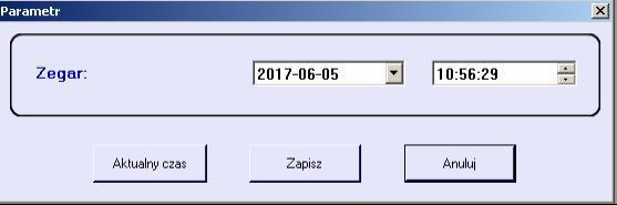W sekcji Zegar znajduje się przycisk Aktualny czas, który umożliwia podanie aktualnej daty i czasu w urządzeniu. Okno do zmiany daty i czasu loggera: 7.