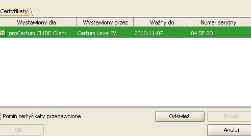 Rysunek 19: Informacja o żądaniu znakowania czasem Po naciśnięciu przycisku OK zostanie wyświetlona lista certyfikatów których można użyć do wystawiania żądania znakowania czasem.