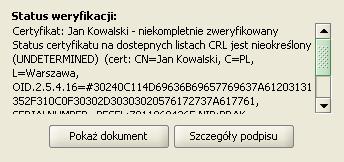 Rysunek 47: Status weryfikacji: Negatywnie zweryfikowany Dla danego pliku podpisu w polu Status weryfikacji wskazana jest również przyczyna błędu.