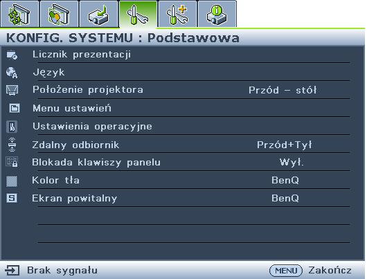 Naciśnij przycisk, aby wybrać Kolor tła, a następnie naciśnij przyciski /, aby wybrać kolor tła. 2. Użyj przycisków /, aby wybrać menu KONFIG.