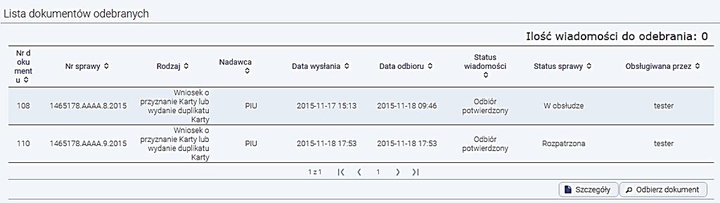 Sekcja: Lista dokumentów odebranych Nazwa pola Nr dokumentu Numer sprawy Rodzaj dokumentu Nadawca wiadomości Data wysłania Data odbioru Status wiadomości Status sprawy Obsługiwana przez Opis pola