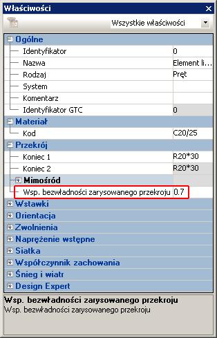 Bezwładność przekrojów zarysowanych Dla elementów liniowych oraz powierzchniowych wprowadzono nową właściwość, której celem jest uwzględnienie bezwładności