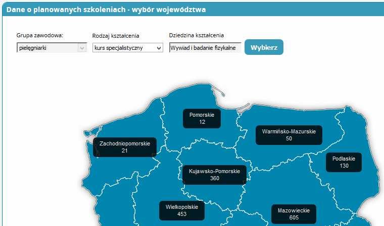 Wybierz kontekst pracy (pielęgniarka lub położna) danym kursie. 5. Naciśnij przycisk Dane o planowanych szkoleniach 6.