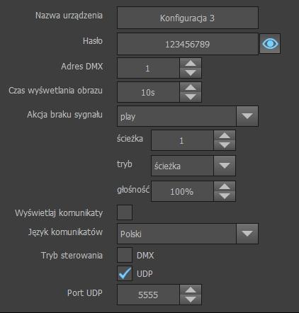 6.2 Panel edycji konfiguracji Konfiguracja składa się z parametrów urządzenia oraz listy plików multimedialnych wgranych na urządzenie.