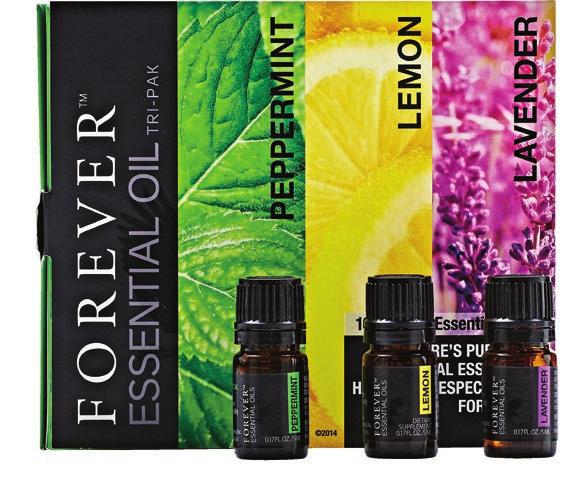 Essential Oils Forever Essential Oils Tri-Pak Poręczny sposób na zapoznanie się z olejkami eterycznymi. Ten zestaw zawiera próbki 5 ml wszystkich trzech pojedynczych nut: mięty, cytryny i lawendy.