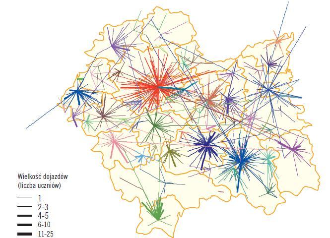 Mapa dojazdów uczniów do technikum Źródło: Opracowanie WUP w Krakowie Przestrzenne uwarunkowania karier szkolnych i dalszych losów absolwentów 2013 Mapa