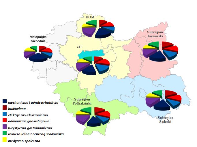 W wyniku przeprowadzonej analizy określono potencjał edukacyjny w obszarze kształcenia zawodowego na terenie Województwa Małopolskiego z podziałem na ZIT oraz poszczególne Subregiony.