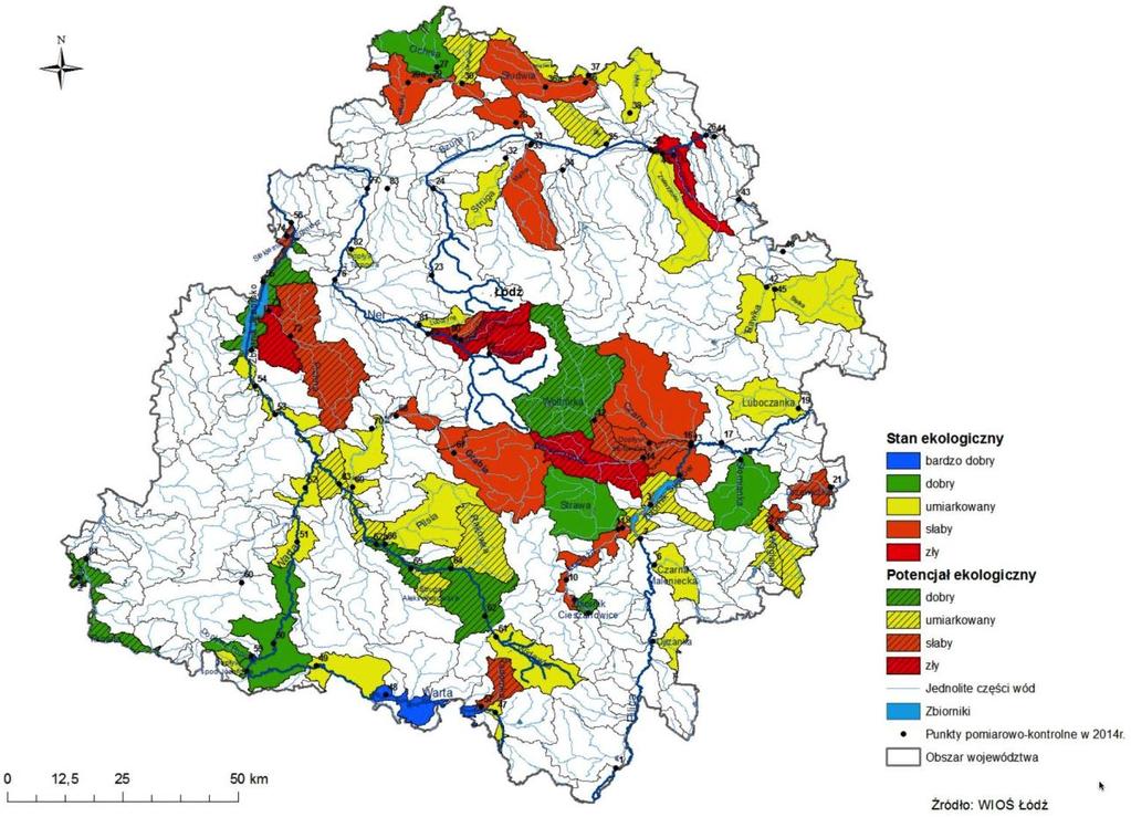 Prgnza ddziaływania na śrdwisk prjektu Strategii Rzwju Miasta Skierniewice d rku W rku 2014 na terenie wjewództwa Łódźkieg przebadan i cenin łącznie 85 jednlitych części wód pwierzchniwych.