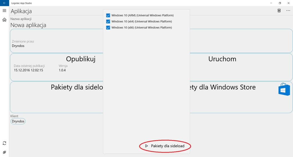 n. Kiedy aplikacja działa już jak powinna, uruchamiamy proces generowania przez Logotec App Studio paczek instalacyjnych dla sideloadu (bez