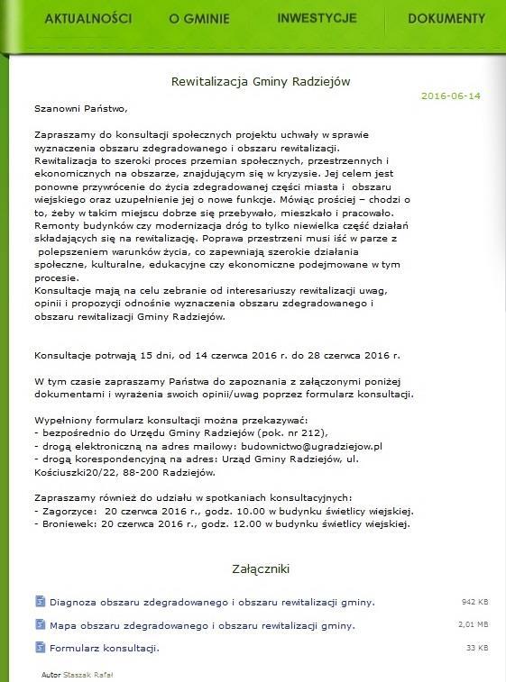 Zdjęcie 4. Informacje o konsultacjach społecznych diagnozy obszaru zdegradowanego i obszaru rewitalizacji Źródło: www.ug.radziejow.