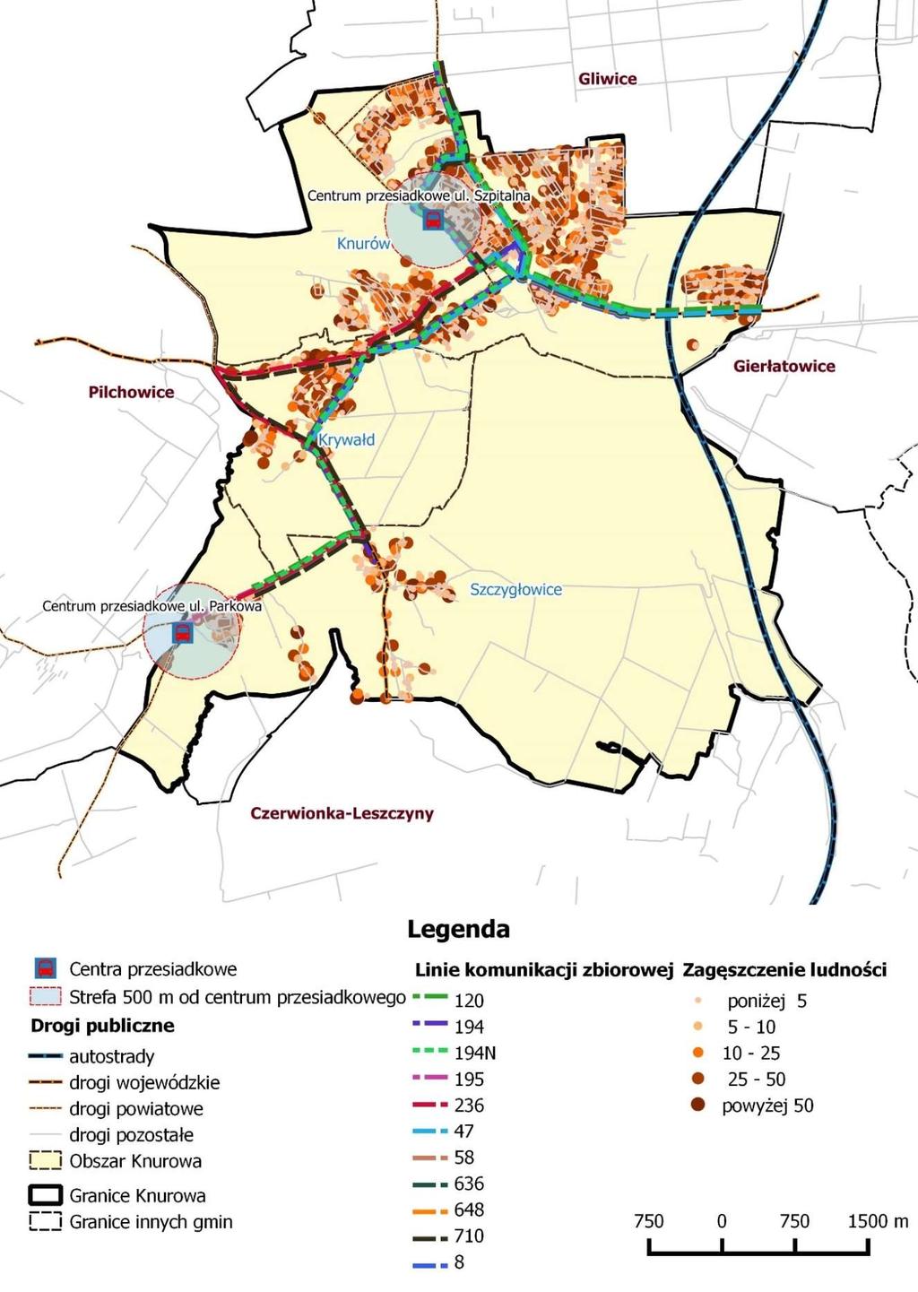 Rysunek 4 Strefa 500 m od planowanych centrów przesiadkowych Źródło: Opracowane własna Poniżej przedstawiono wyliczenie liczby osób