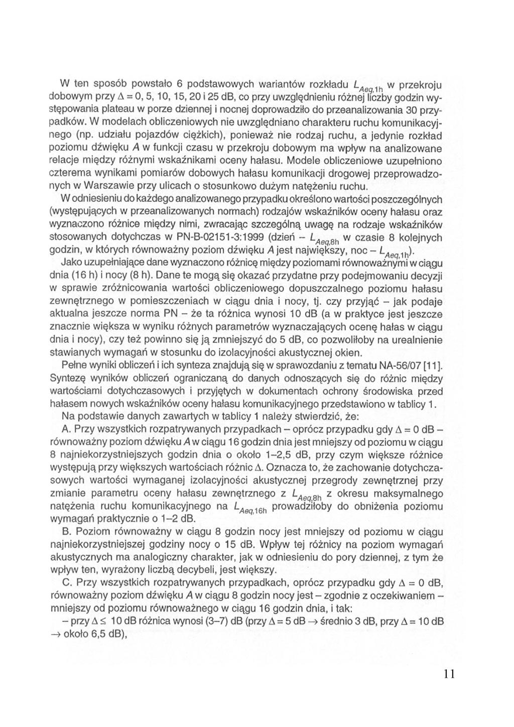 W ten sposób powstało 6 podstawowych wariantów rozkładu w przekroju dobowym przy = 0,5,10,15,20 i 25 db, co przy uwzględnieniu różnej liczby godzin występowania plateau w porze dziennej i nocnej