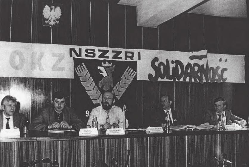 Posiedzenie Ogólnopolskiego Komitetu Założycielskiego NSZZ RI Solidarność. Od lewej: Stanisław Wądołowski, Jan Kułaj, Piotr Baumgart, Andrzej Chałupnik, Roman Bartoszsze, Szczecin 9 maja1981, fot.