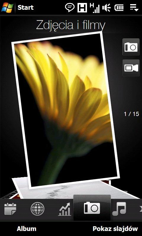 TouchFLO 3D 101 Dotknij zdjęcie lub klip wideo w celu wyświetlenia lub odtworzenia w widoku pełnoekranowym. Uruchom Album.