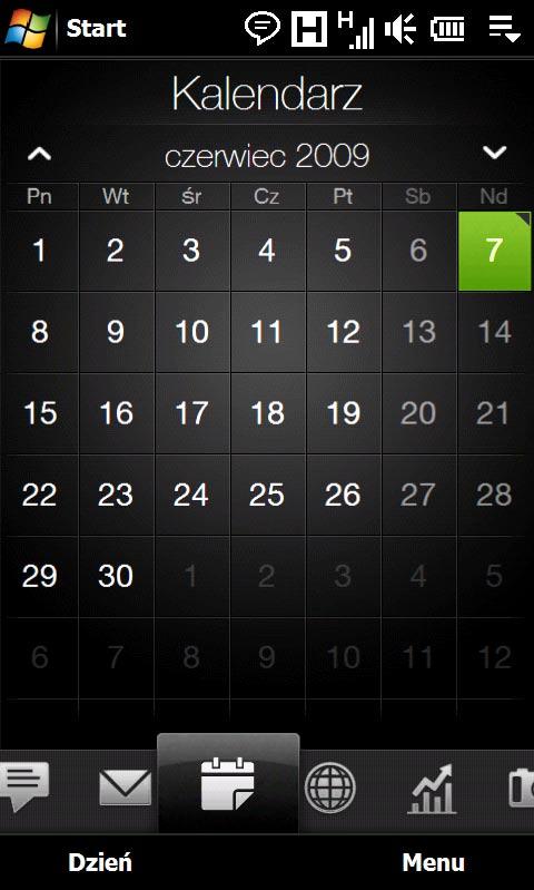 94 TouchFLO 3D 3.6 Kalendarz Na karcie Kalendarz wyświetlany jest kalendarz miesięczny, możliwe jest też szybkie tworzenie i przeglądanie terminów. Wskazuje, że dla tego dnia istnieją terminy.