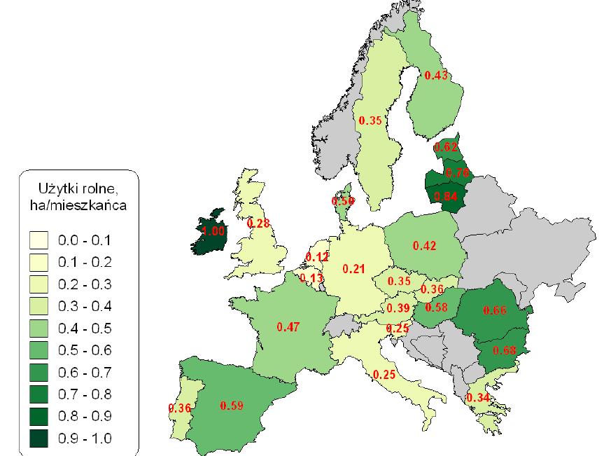 Powierzchnia użytków rolnych w UE w