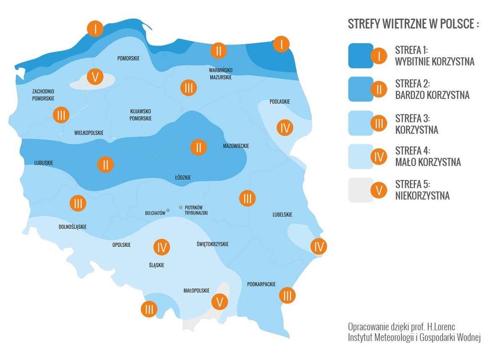 Mapa nr 4. Strefy energetyczne wiatru w Polsce Źródło: IMiGW 2.